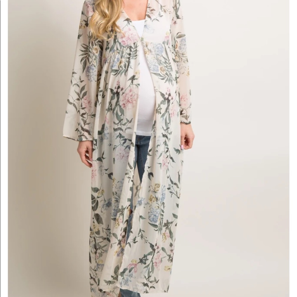 Cream Floral Button Up Long Maternity Cover Up